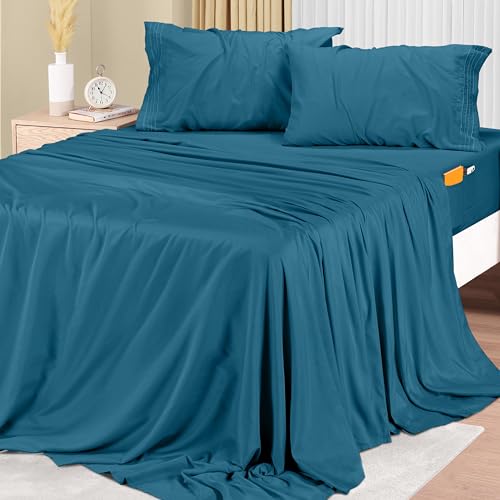 Bed Sheet Set, Soft Microfiber 4 Piece Hotel Luxury Bed Sheets with Deep Pockets - Embroidered Pillow Cases - Side Storage Pocket Fitted Sheet - Flat Sheet (Queen, Denim Blue)
