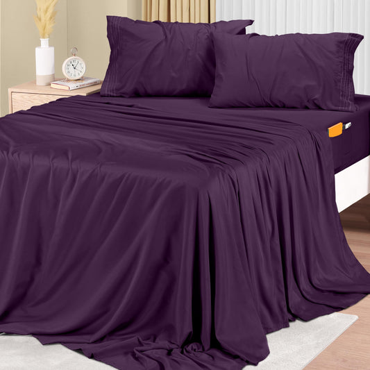 Bed Sheet Set, Soft Microfiber 4 Piece Hotel Luxury Bed Sheets with Deep Pockets - Embroidered Pillow Cases - Side Storage Pocket Fitted Sheet - Flat Sheet (Queen, Purple)
